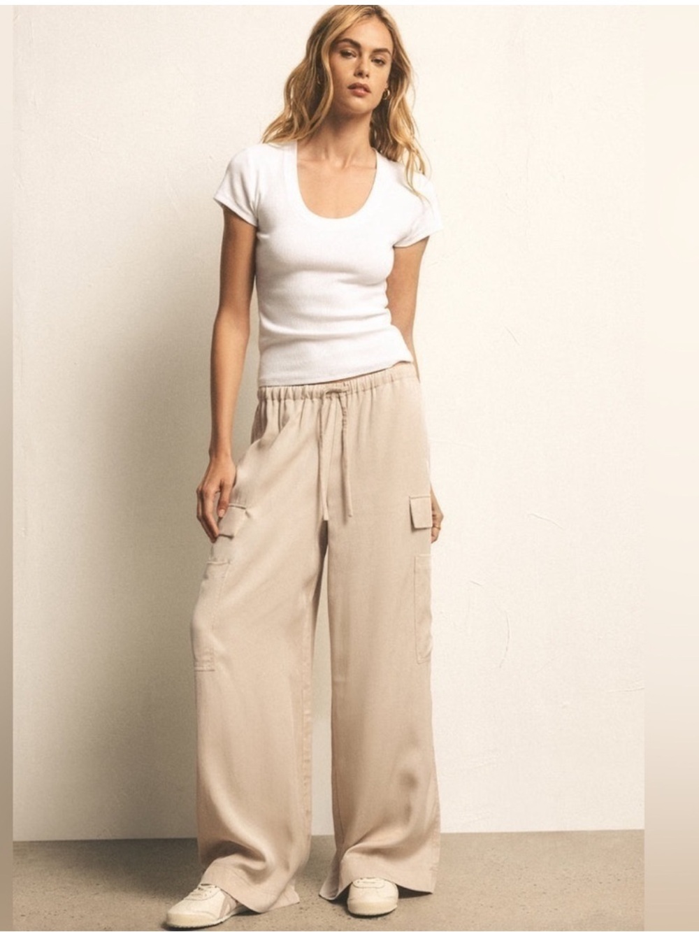 Z Supply Renegade Wide Leg Cargo Utility Relaxed Pull On Drawstring pant tan